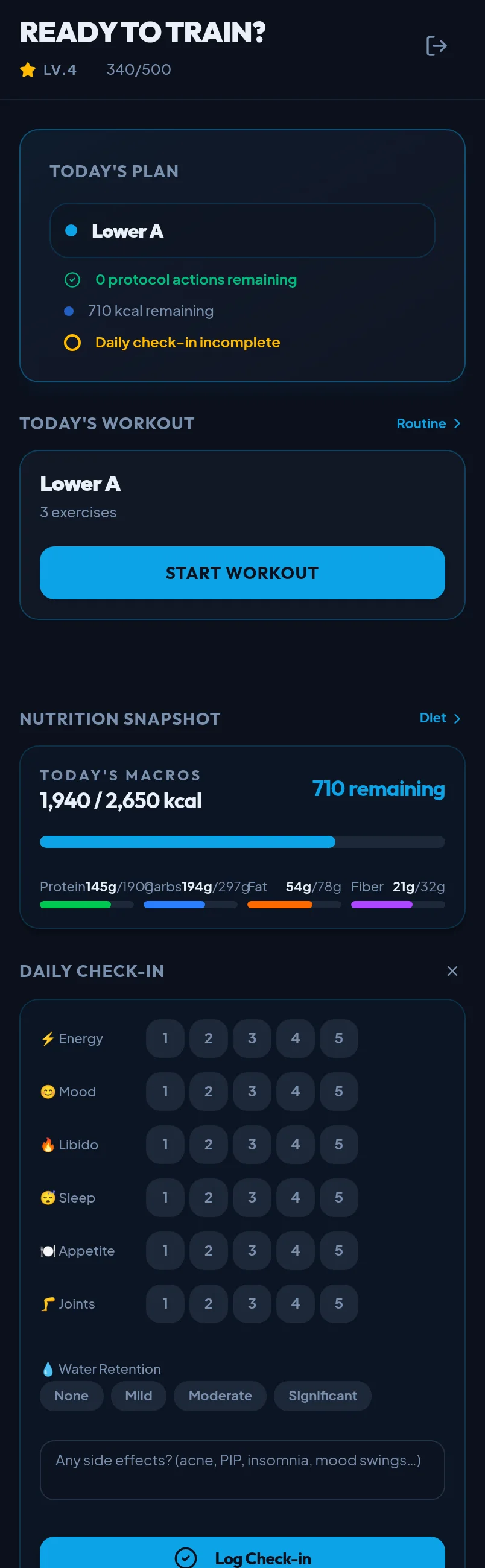 Genuine Home UI showing nutrition snapshot among athlete data